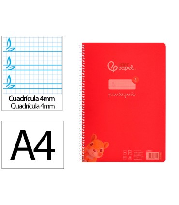 Cuaderno espiral liderpapel din a4 pautaguia tapa plastico80h 90gr cuadro pautado 4mm con margen color rojo