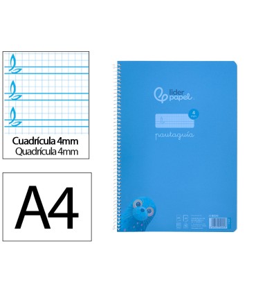 Cuaderno espiral liderpapel din a4 pautaguia tapa plastico80h 90gr cuadro pautado 4mm con margen color azul