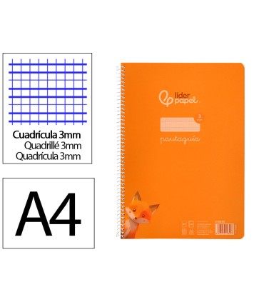 Cuaderno espiral liderpapel din a4 pautaguia tapa plastico80h 90gr cuadro pautado 3mm con margen color naranja