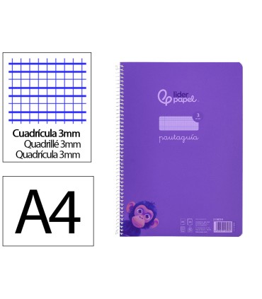 Cuaderno espiral liderpapel din a4 pautaguia tapa plastico80h 90gr cuadro pautado 3mm con margen color lila