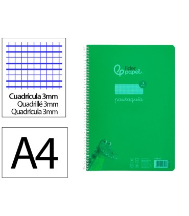 Cuaderno espiral liderpapel din a4 pautaguia tapa plastico80h 90gr cuadro pautado 3mm con margen color verde