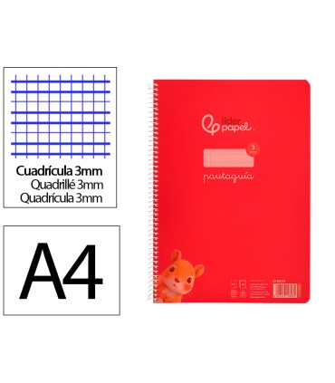 Cuaderno espiral liderpapel din a4 pautaguia tapa plastico80h 90gr cuadro pautado 3mm con margen color rojo