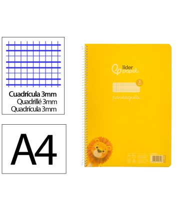 Cuaderno espiral liderpapel din a4 pautaguia tapa plastico80h 90gr cuadro pautado 3mm con margen color amarillo