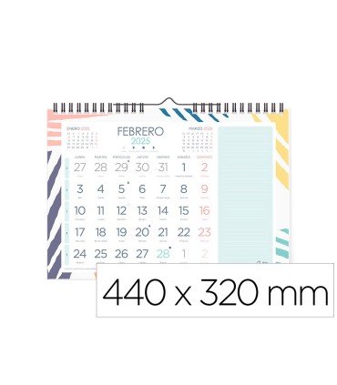 Calendario espiral pared liderpapel joven 2025 numeros grandes 44x32 cm papel 128 gr con pegatinas