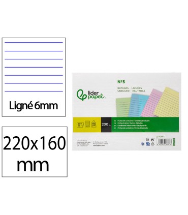 Tarjeta liderpapel para estudiar rayada cartulina de colores 170 gr m2 160x220mm paquete de 200 unidades