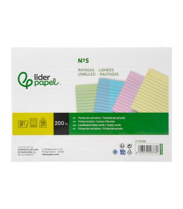 Tarjeta liderpapel para estudiar rayada cartulina de colores 170 gr m2 160x220mm paquete de 200 unidades