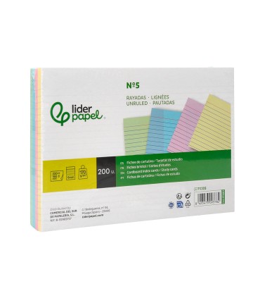 Tarjeta liderpapel para estudiar rayada cartulina de colores 170 gr m2 160x220mm paquete de 200 unidades