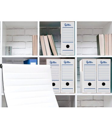 Caja archivo definitivo automatica liderpapel din a4 carton reciclado 325g m2 lomo 100 mm blanco 360x100x255mm