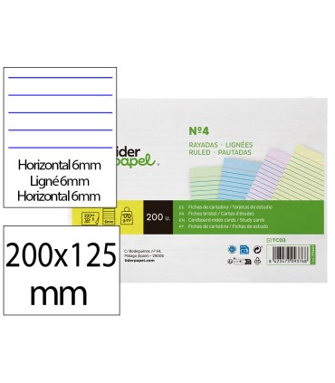 Tarjeta liderpapel para estudiar rayada cartulina de colores 170 gr m2 125x200mm paquete de 200 unidades