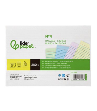 Tarjeta liderpapel para estudiar rayada cartulina de colores 170 gr m2 125x200mm paquete de 200 unidades