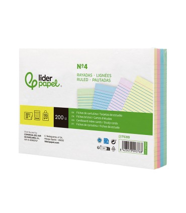 Tarjeta liderpapel para estudiar rayada cartulina de colores 170 gr m2 125x200mm paquete de 200 unidades