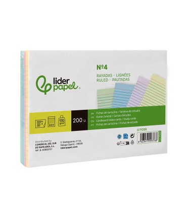 Tarjeta liderpapel para estudiar rayada cartulina de colores 170 gr m2 125x200mm paquete de 200 unidades