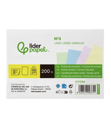 Tarjeta liderpapel para estudiar lisa cartulina de colores 170 gr m2 100x150mm paquete de 200 unidades