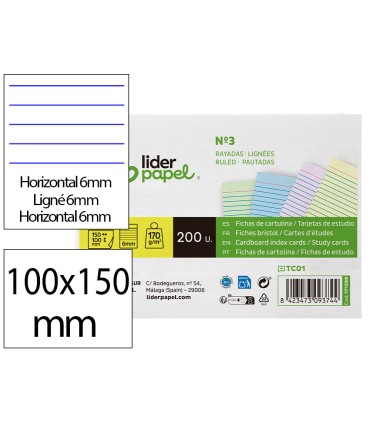 Tarjeta liderpapel para estudiar rayada cartulina de colores 170 gr m2 100x150mm paquete de 200 unidades