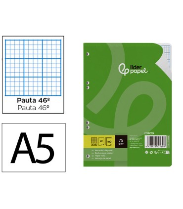 Recambio liderpapel din a5 100 hojas 75 gr rayado n 46 6 taladros