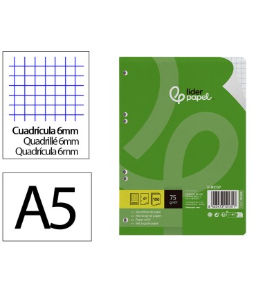 Recambio liderpapel din a5 100 hojas 75 gr cuadro 6mm con margen 6 taladros