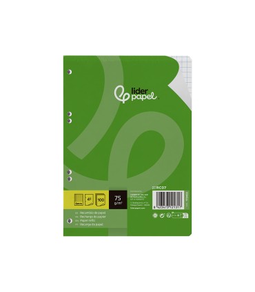 Recambio liderpapel din a5 100 hojas 75 gr cuadro 6mm con margen 6 taladros