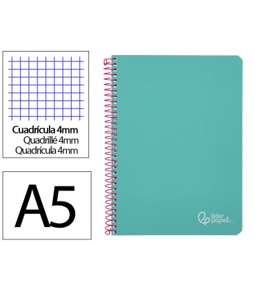 Cuaderno espiral liderpapel din a5 witty tapa dura 80h 90gr cuadro 4mm con margen color turquesa