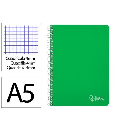 Cuaderno espiral liderpapel din a5 witty tapa dura 80h 90gr cuadro 4mm con margen color verde