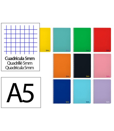 Cuaderno espiral liderpapel din a5 smart tapa blanda 80h 75gr cuadro 5mm con margen colores surtidos