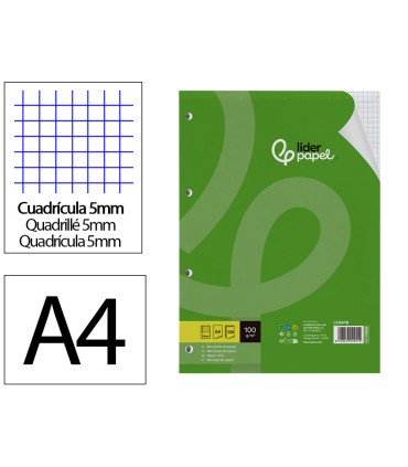 Recambio liderpapel a4 100 hojas 100g m2 cuadro 5 mm con margen 4 taladros