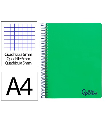 Cuaderno espiral liderpapel a4 micro wonder tapa plastico 120h 90gr cuadro 5mm 5 bandas 4 taladros color verde oscuro