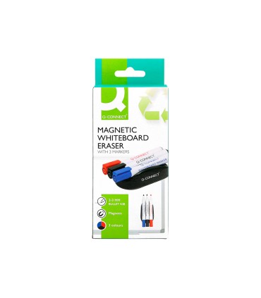 Borrador q connect magnetico con rotulador negro rojo y azul para pizarra blanca