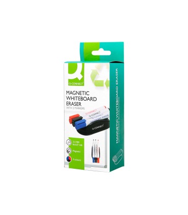 Borrador q connect magnetico con rotulador negro rojo y azul para pizarra blanca