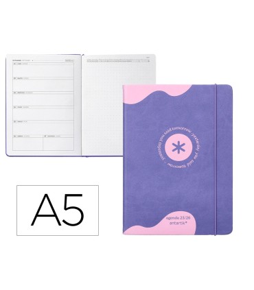 Agenda escolar antartik 25 26 encuadernada ggo simil piel morado semana vista a5 bilingue papel fsc 80 gr