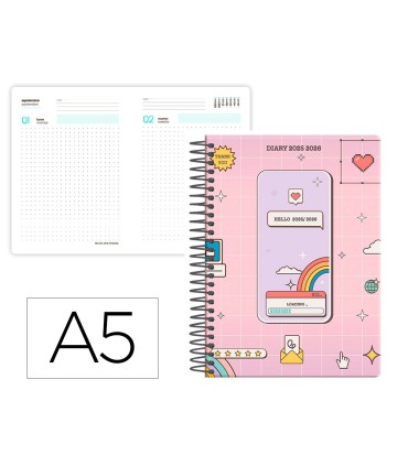Agenda escolar liderpapel 25 26 espiral pixel rosa dia pagina a5 bilingue papel fsc 80 gr