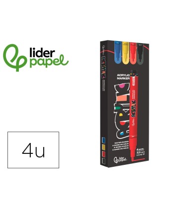 Rotulador liderpapel acrylic base agua todo tipo de superficie punta redonda 3 mm caja de 4 unidades colores