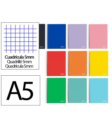 Cuaderno espiral liderpapel a5 micro witty tapa dura 120h 90gr cuadro 5mm 5 bandas 6 taladros colores surtidos
