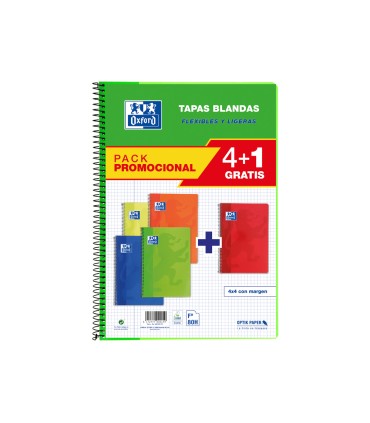 Bloc espiral oxford tapa blanda folio 80 hojas 90gr cuadro 4 mm colores vivos pack de 41