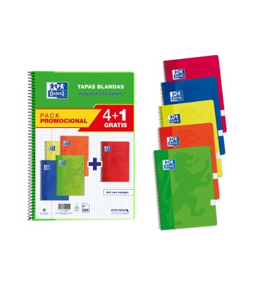 Bloc espiral oxford tapa blanda folio 80 hojas 90gr cuadro 4 mm colores vivos pack de 41