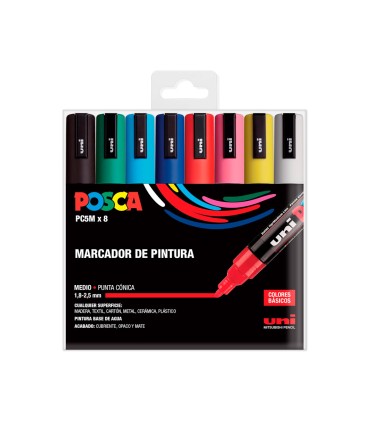 Rotulador uni posca pc 5m marcador de pintura punta conica 18 25 mm estuche de 8 unidades colores basicos