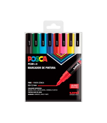 Rotulador uni posca pc 3m marcador de pintura punta conica 09 13 mm estuche de 8 unidades colores basicos